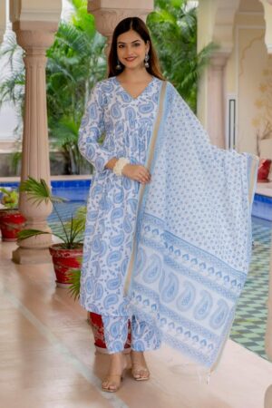 Woman Anarkali White Blue Dupatta Sets