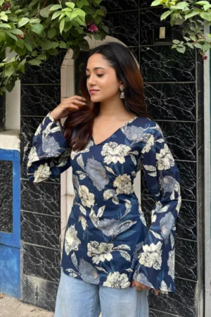 Woman A-line Rayon Blue Flower Short Kurtis